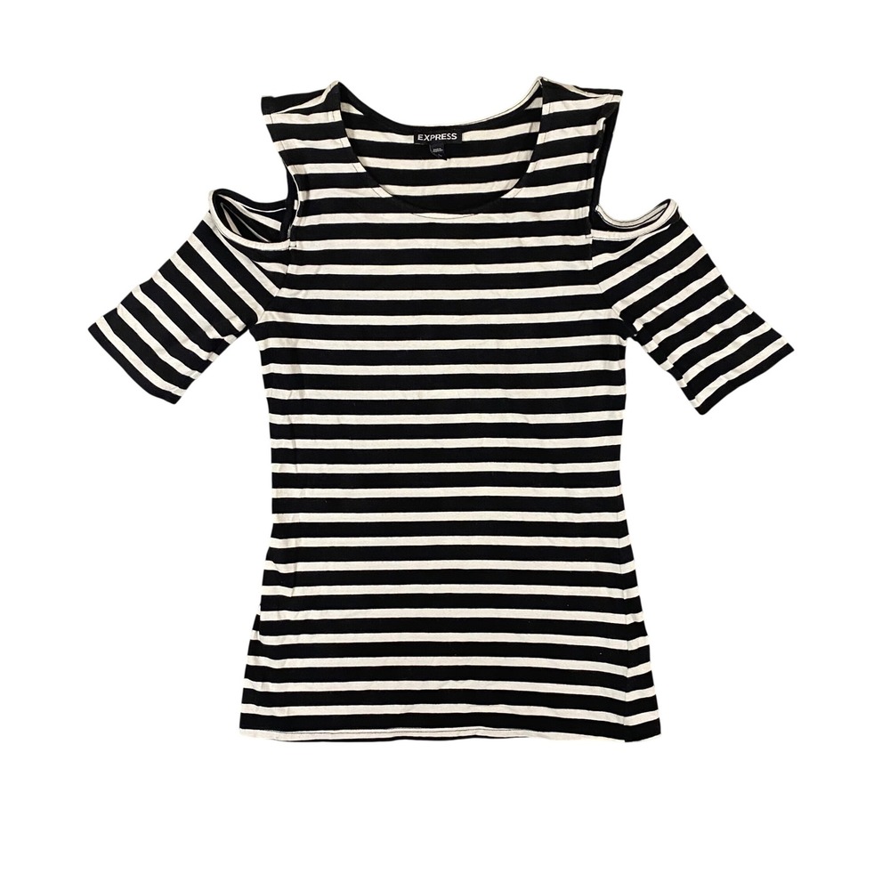 Express Womens Black White Striped Cold Shoulder Short Sleeve Top Small S‎ P